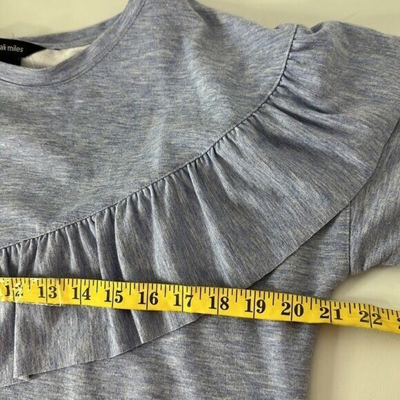 Ali Mlies Top Shirt Womens Medium Blue Sweatshirt Ruffle 3/4 Roll Tab Art Boxy - Picture 8 of 10